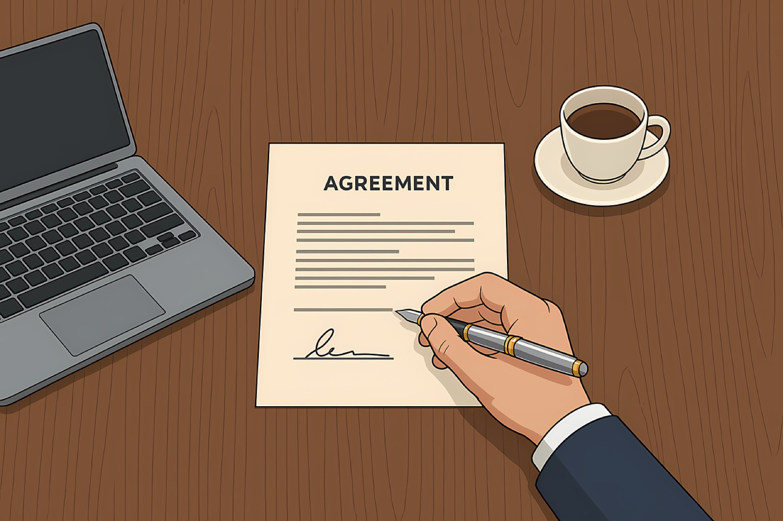 Stylo posé sur un contrat de prestation au moment de la signature, sur un bureau